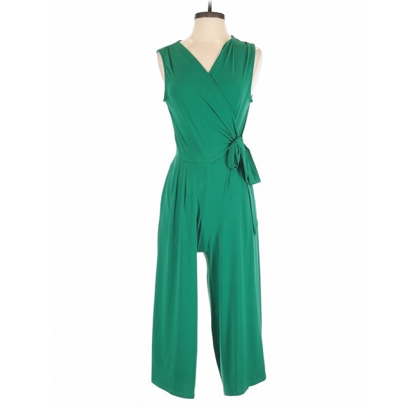 Nina Leonard Pants - Nina Leonard Kelly Green Wrap Tie Waist Wide Leg Jumpsuit Small Resort